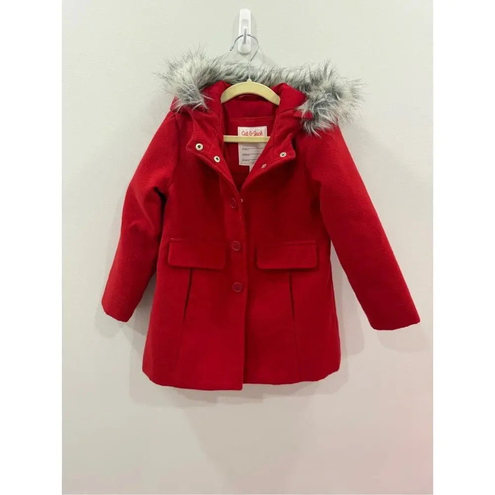 Cat & Jack Bright Red Hooded Pea Coat with Faux Fur Trim 5T kids